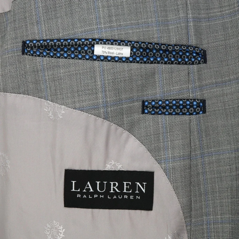 LRL Ralph Lauren Sport Coat Mens 48R Light Gray Plaid Wool Blend Blazer Jacket